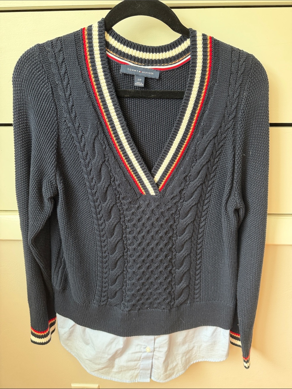 Tommy Hilfiger Navy Cable V-Neck Sweater with Stripe Trim